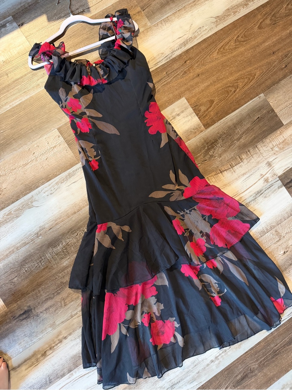 Black Floral Ruffle Midi Dress with Pink Blossoms